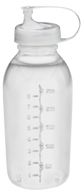 The Medela 250 ml Breast milk bulk preparation system, colorless and BPA-free, includes a storage bottle with a transfer lid.