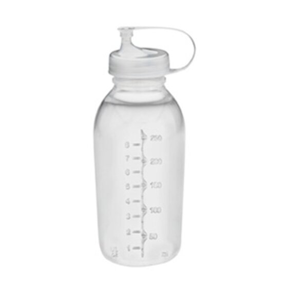 The Medela 250 ml Breast milk bulk preparation system, colorless and BPA-free, includes a storage bottle with a transfer lid.