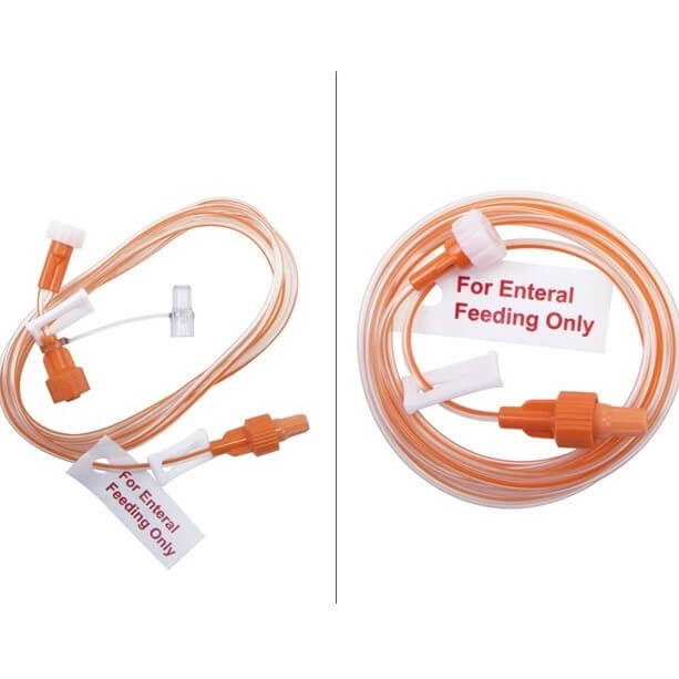 Side by side of ENFit extension set, with and without medication port.