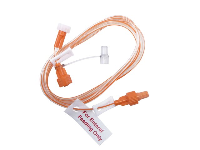 Full shot of ENFit extension set with medication port.  Tag reads For Enteral Feeding Only.