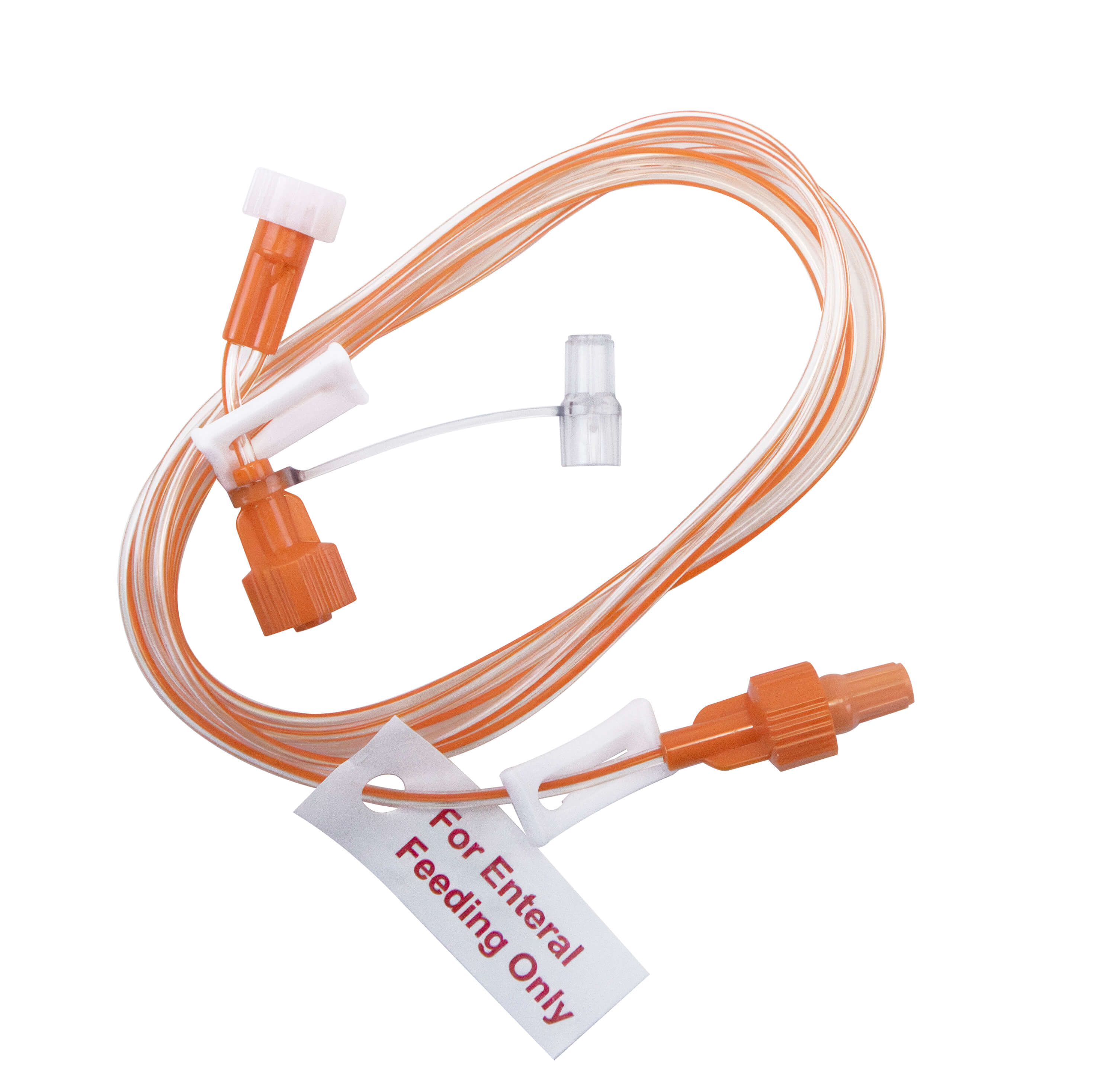 Full shot of ENFit extension set with medication port.  Tag reads For Enteral Feeding Only.