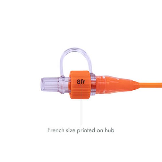 Medela Feeding Tubes with ENFit® Connectors are orange and have French size printed on the hub.