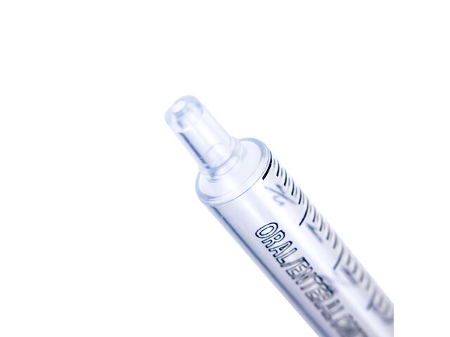 Close up of tip of 3 mL oral slip tip syringe.