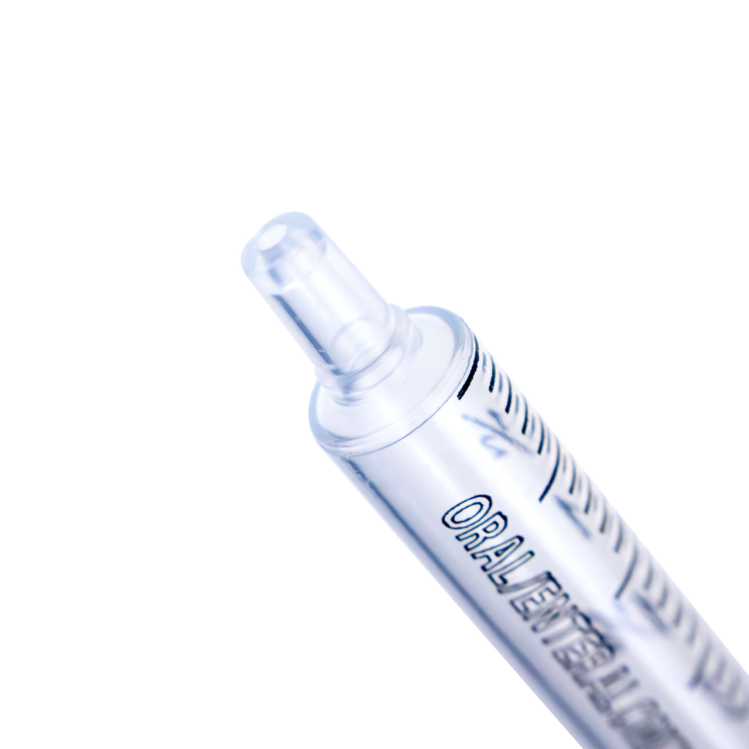 Close up of tip of 3 mL oral slip tip syringe.