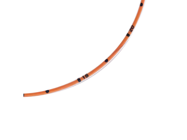 Close up of length markings on ENFit silicone enteral feeding tube.