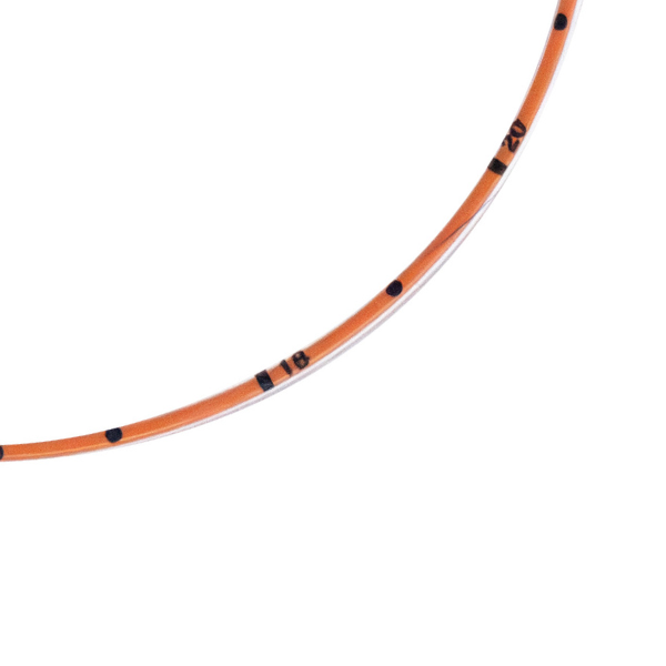 Close up of length markings on ENFit silicone enteral feeding tube.