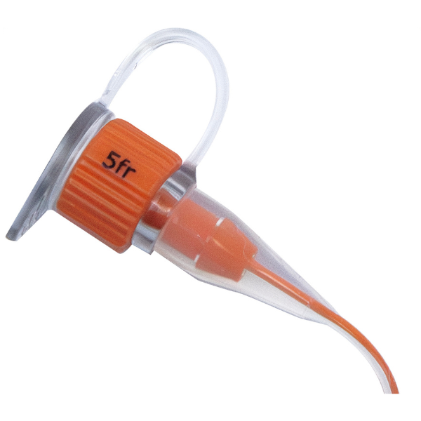 Close up of port on ENFit silicone enteral feeding tube.