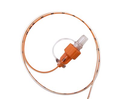 Full shot of ENFit 5 French PVC feeding tube.