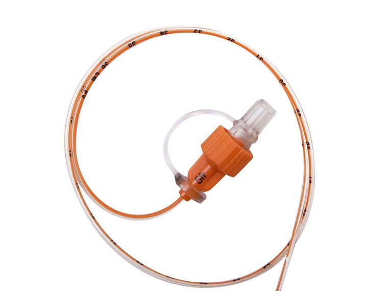 Full shot of ENFit 5 French PVC feeding tube.