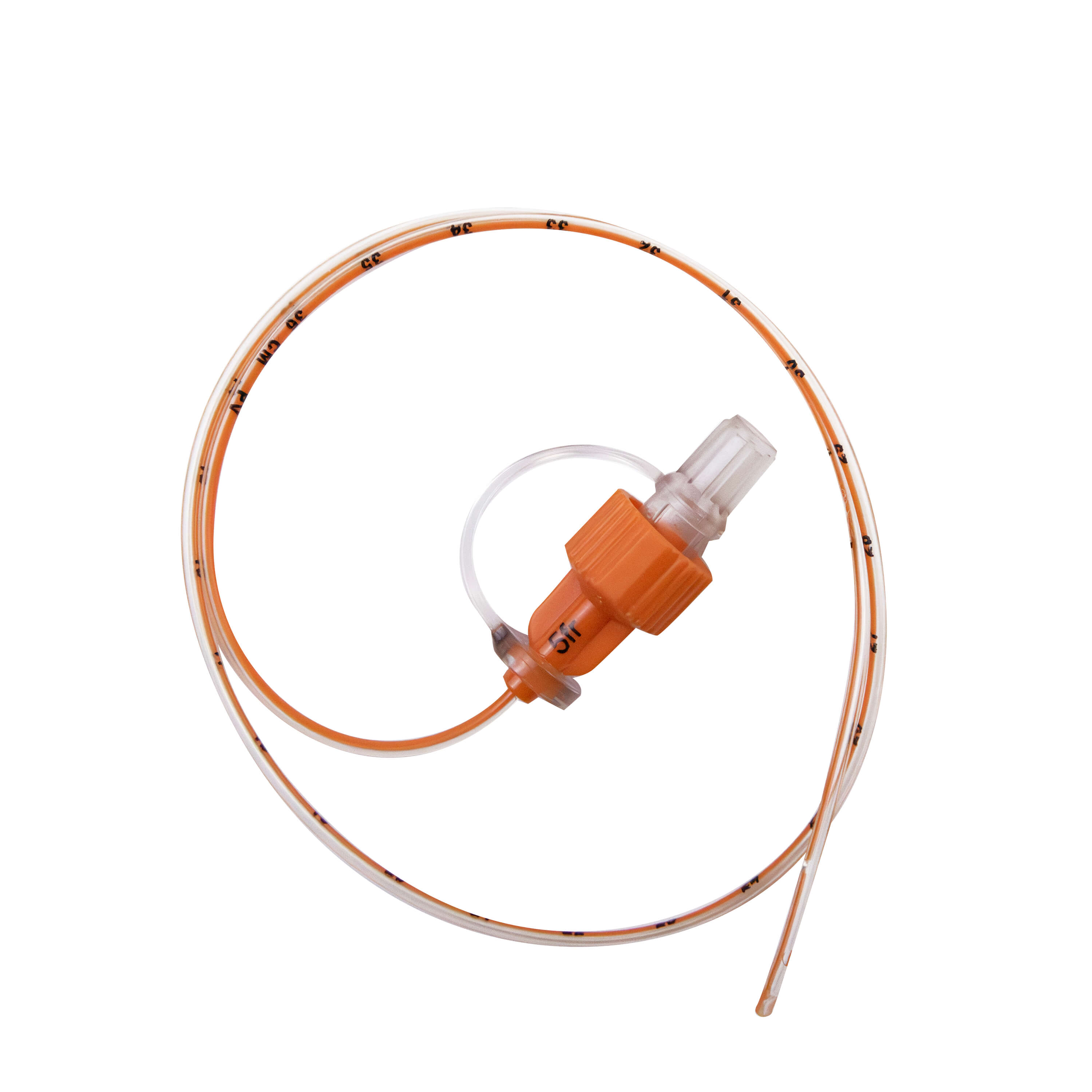 Full shot of ENFit 5 French PVC feeding tube.