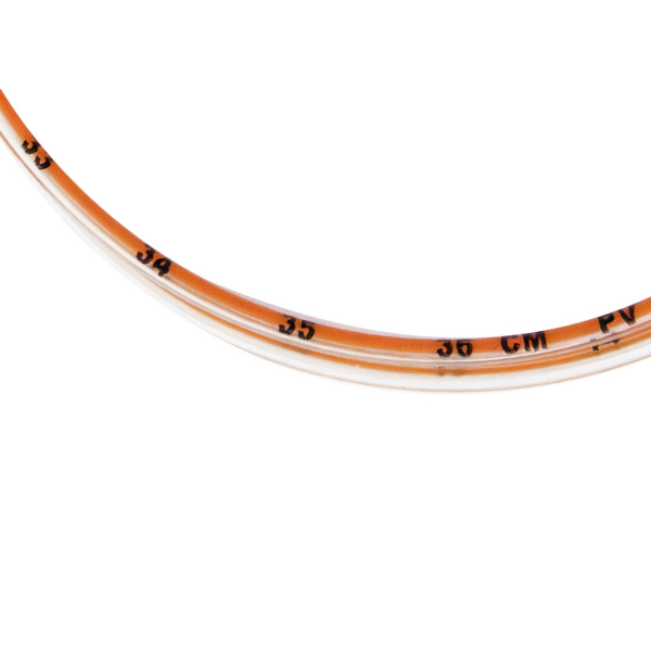Close up of length markings on ENFit PVC enteral feeding tube