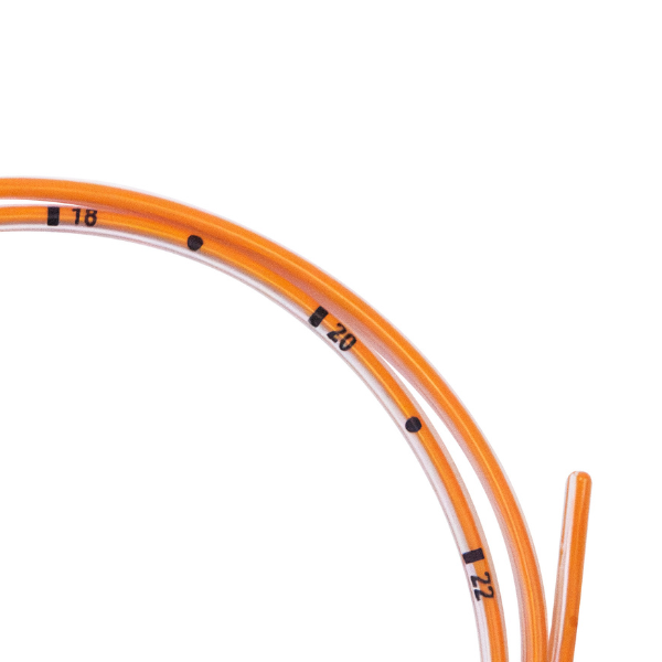 Close up showing length markings of ENFit polyurethane enteral feeding tubing.