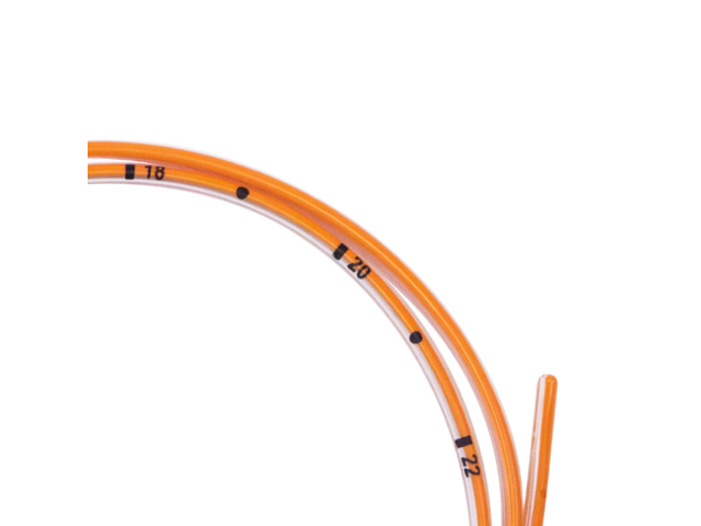 Close up showing length markings of ENFit polyurethane enteral feeding tubing.