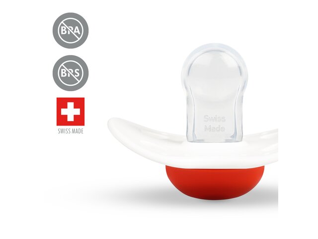 Medela Original dummy standing upright with icons "BPA free", "BPS free", and " Swiss Made".