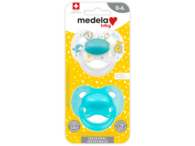 Retail packaging for Medela baby Original dummy 0-6 months, with SensoPearls™ in blue and zoo animals.