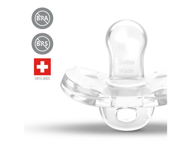Medela SOFT SILICONE dummy in color transparent, standing upright with icons "BPA free", "BPS free", and " Swiss Made".