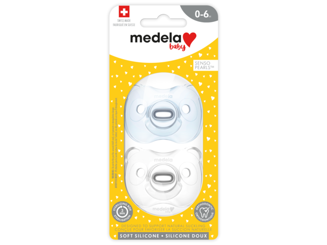 Retail packaging for Medela SOFT SILICONE pacifier 0-6 months, with SensoPearls™ with one blue and one transparent, x2.