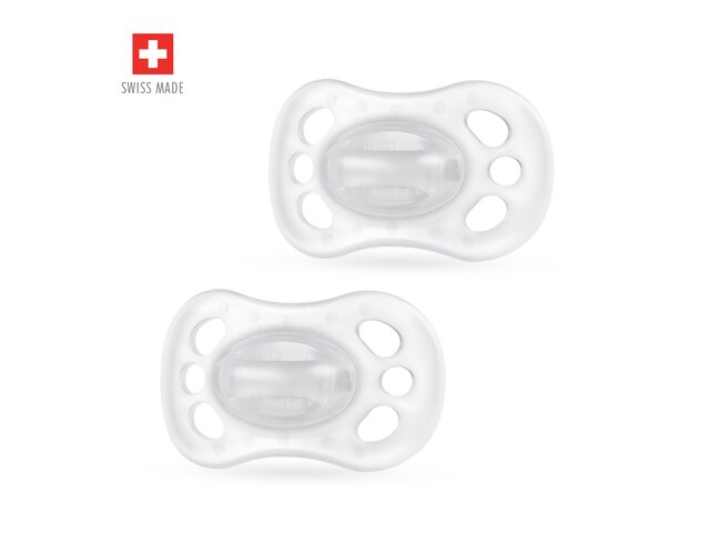 The Medela NEWBORN dummy with SensoPearls™ in transparent, 2x. Includes "Swiss Made" icon and text.