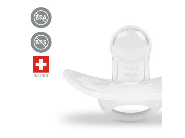 Medela NEWBORN dummy, standing upright with icons "BPA free", "BPS free", and " Swiss Made".
