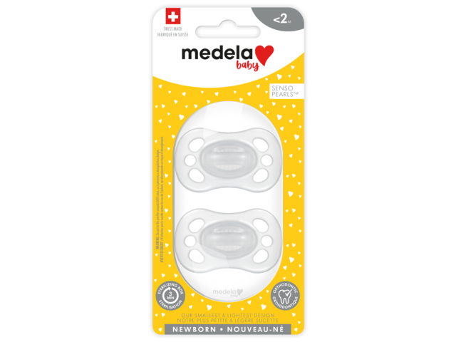 Retail packaging for Medela NEWBORN dummy 0-2 months, with SensoPearls™ in transparent, x2.