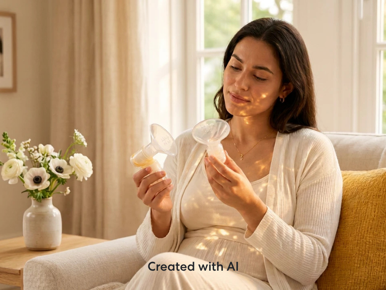 Person seated indoors holding and examining a breast shield from a Medela breast pump. The image focuses on pump accessories and preparation for breastfeeding or pumping, with a comfortable home setting in the background.