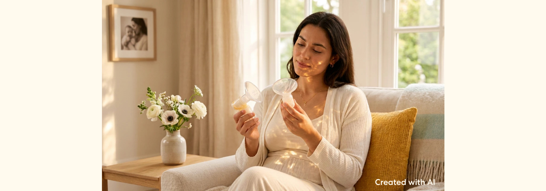 Person seated indoors holding and examining a breast shield from a Medela breast pump. The image focuses on pump accessories and preparation for breastfeeding or pumping, with a comfortable home setting in the background.