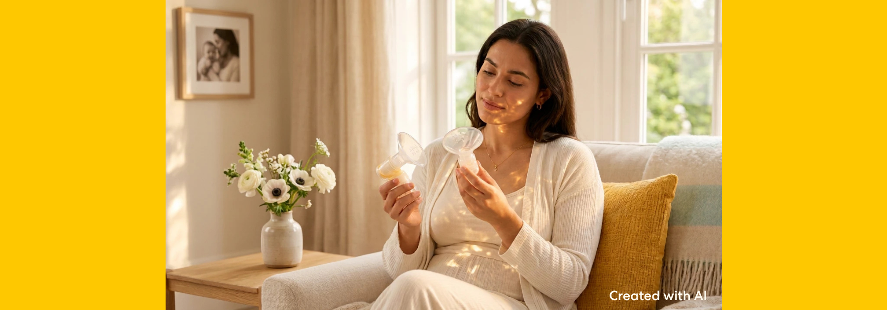 Person seated indoors holding and examining a breast shield from a Medela breast pump. The image focuses on pump accessories and preparation for breastfeeding or pumping, with a comfortable home setting in the background.