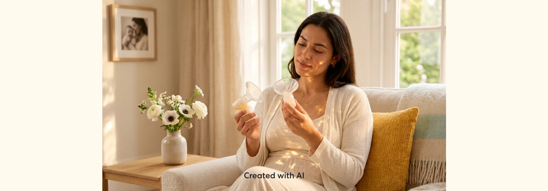 Person seated indoors holding and examining a breast shield from a Medela breast pump. The image focuses on pump accessories and preparation for breastfeeding or pumping, with a comfortable home setting in the background.