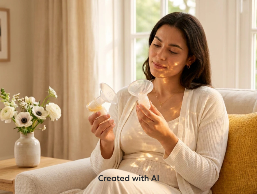 Person seated indoors holding and examining a breast shield from a Medela breast pump. The image focuses on pump accessories and preparation for breastfeeding or pumping, with a comfortable home setting in the background.