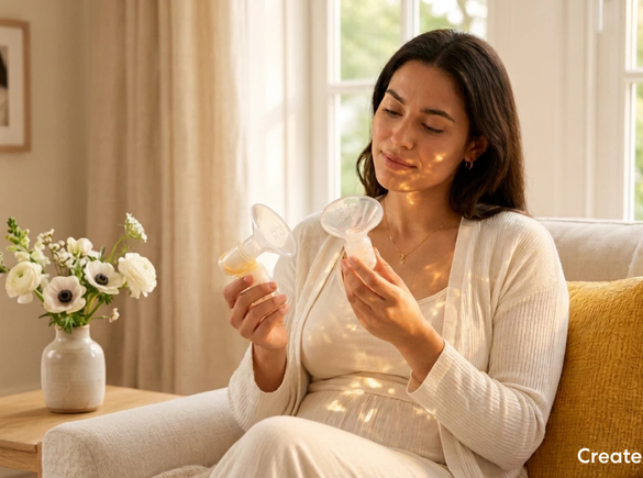 Person seated indoors holding and examining a breast shield from a Medela breast pump. The image focuses on pump accessories and preparation for breastfeeding or pumping, with a comfortable home setting in the background.