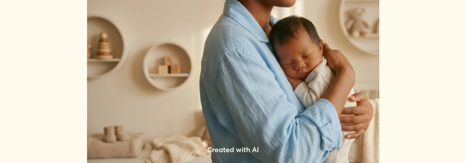 Parent holding a baby close in a home setting, with both facing one another during a quiet caregiving moment. The image focuses on physical closeness and interaction between parent and child in a warm, everyday environment.