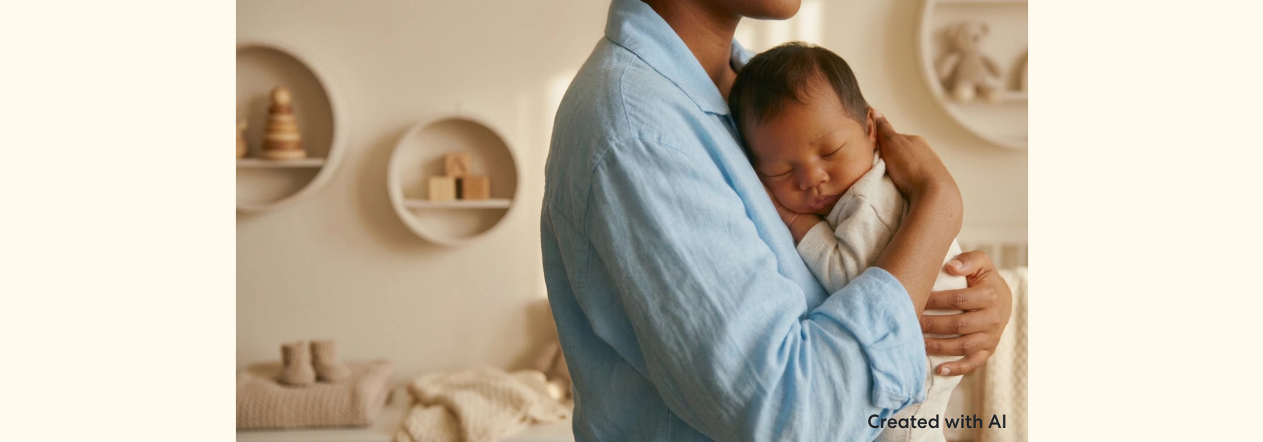 Parent holding a baby close in a home setting, with both facing one another during a quiet caregiving moment. The image focuses on physical closeness and interaction between parent and child in a warm, everyday environment.