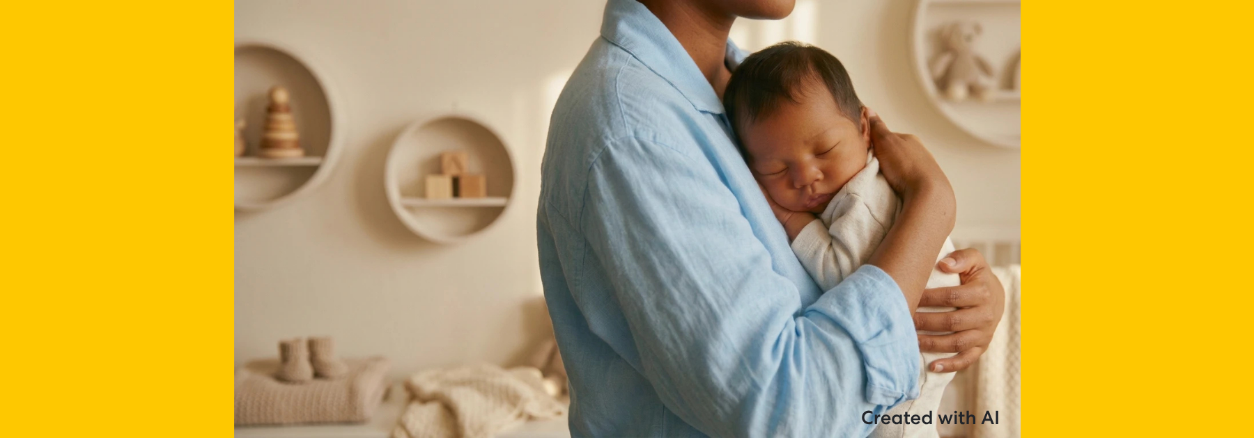 Parent holding a baby close in a home setting, with both facing one another during a quiet caregiving moment. The image focuses on physical closeness and interaction between parent and child in a warm, everyday environment.