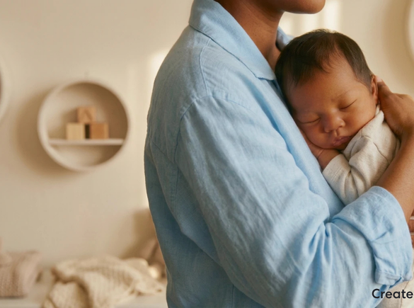 Parent holding a baby close in a home setting, with both facing one another during a quiet caregiving moment. The image focuses on physical closeness and interaction between parent and child in a warm, everyday environment.