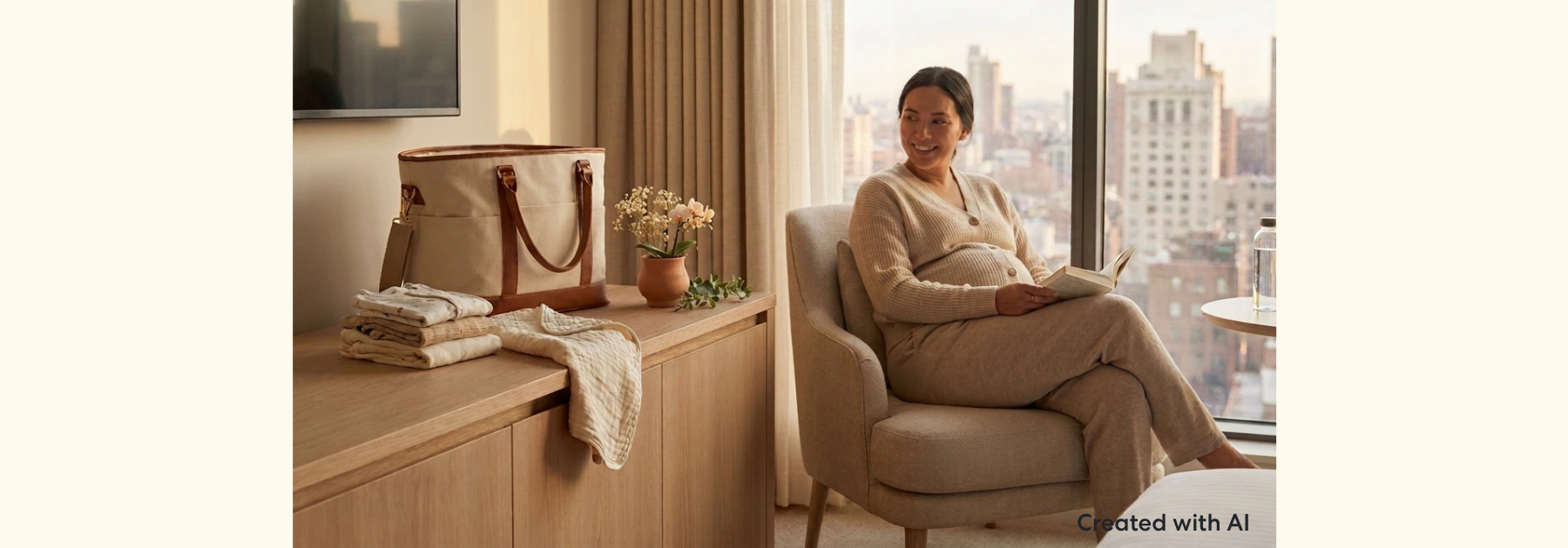 Person seated at home reading a book while checking items in a packed maternity bag. The scene includes hospital essentials arranged nearby, highlighting preparation for an upcoming hospital visit in a calm and organized environment.