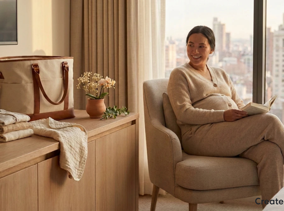 Person seated at home reading a book while checking items in a packed maternity bag. The scene includes hospital essentials arranged nearby, highlighting preparation for an upcoming hospital visit in a calm and organized environment.
