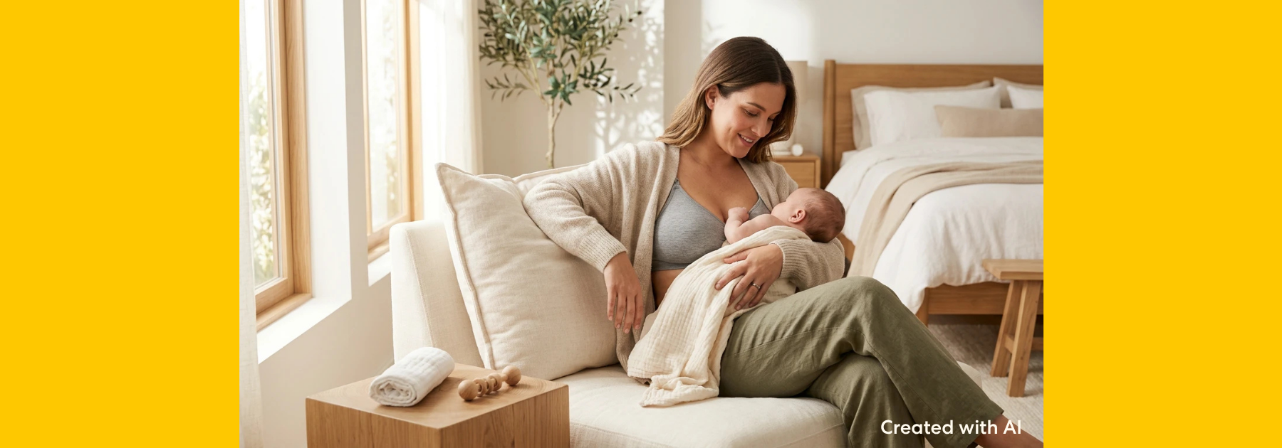 Parent sitting on a sofa in a bedroom, holding a baby close during a quiet moment at home. Soft furnishings and a comfortable indoor setting create a warm and peaceful caregiving environment.