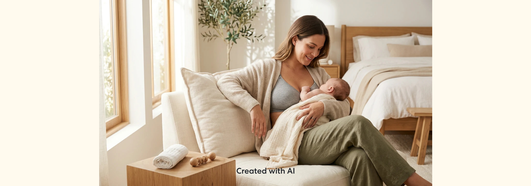 Parent sitting on a sofa in a bedroom, holding a baby close during a quiet moment at home. Soft furnishings and a comfortable indoor setting create a warm and peaceful caregiving environment.