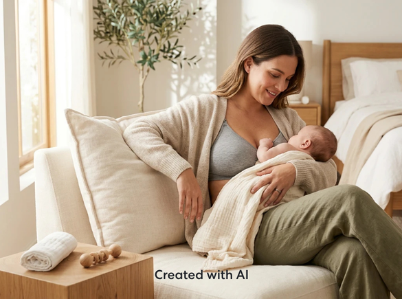Parent sitting on a sofa in a bedroom, holding a baby close during a quiet moment at home. Soft furnishings and a comfortable indoor setting create a warm and peaceful caregiving environment.
