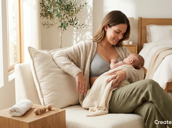 Parent sitting on a sofa in a bedroom, holding a baby close during a quiet moment at home. Soft furnishings and a comfortable indoor setting create a warm and peaceful caregiving environment.