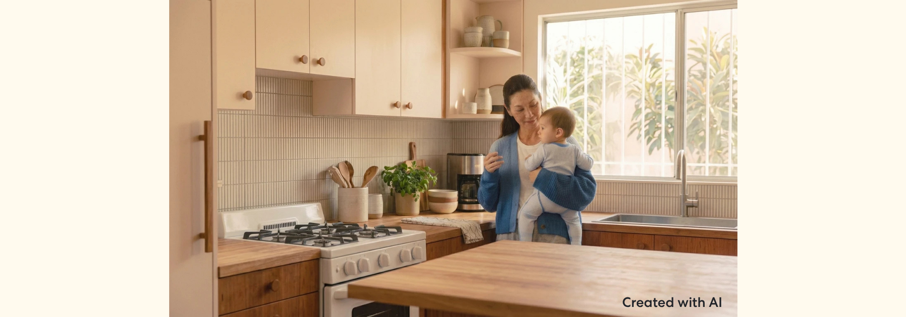 Person holding a baby while standing in a bright kitchen and managing everyday household tasks. Kitchen countertops, cabinets, and home essentials are visible in the background, creating a practical and family-oriented home setting.
