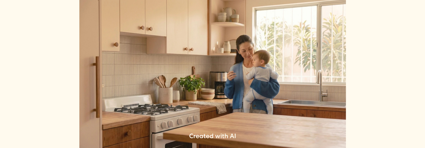 Person holding a baby while standing in a bright kitchen and managing everyday household tasks. Kitchen countertops, cabinets, and home essentials are visible in the background, creating a practical and family-oriented home setting.
