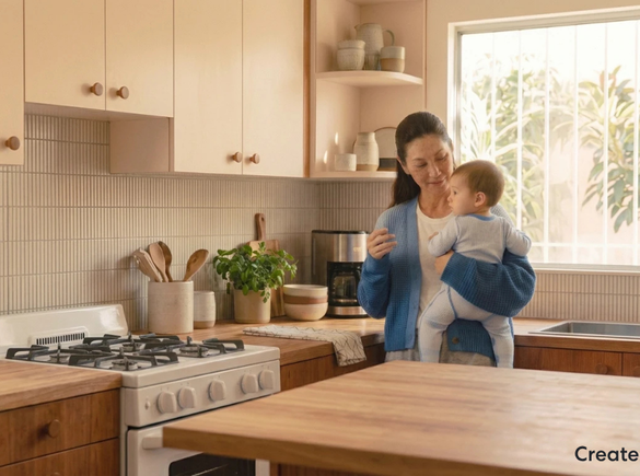 Person holding a baby while standing in a bright kitchen and managing everyday household tasks. Kitchen countertops, cabinets, and home essentials are visible in the background, creating a practical and family-oriented home setting.