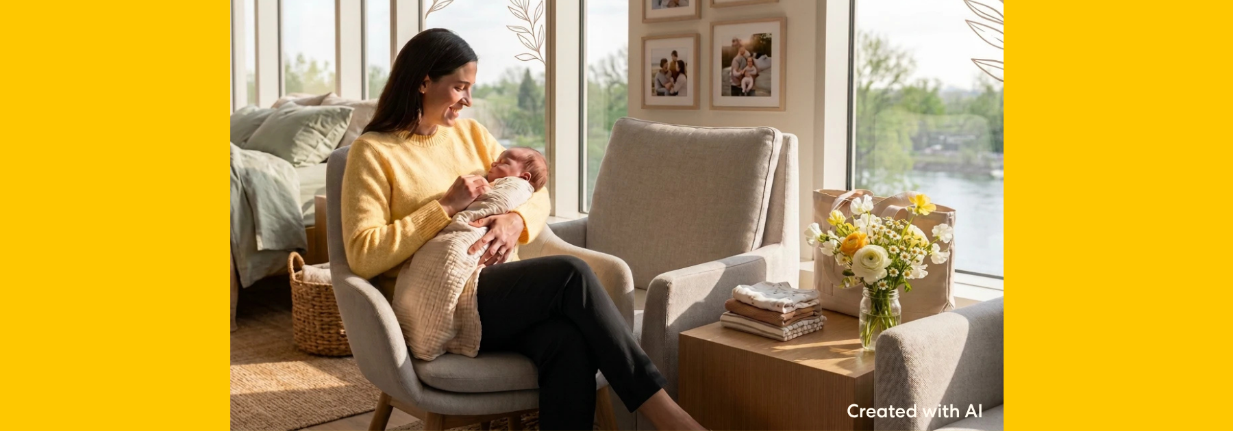 Parent seated in a chair holding a baby close after a feeding session. The baby is resting against the parent's chest in a quiet home setting, highlighting a calm caregiving and bonding moment.