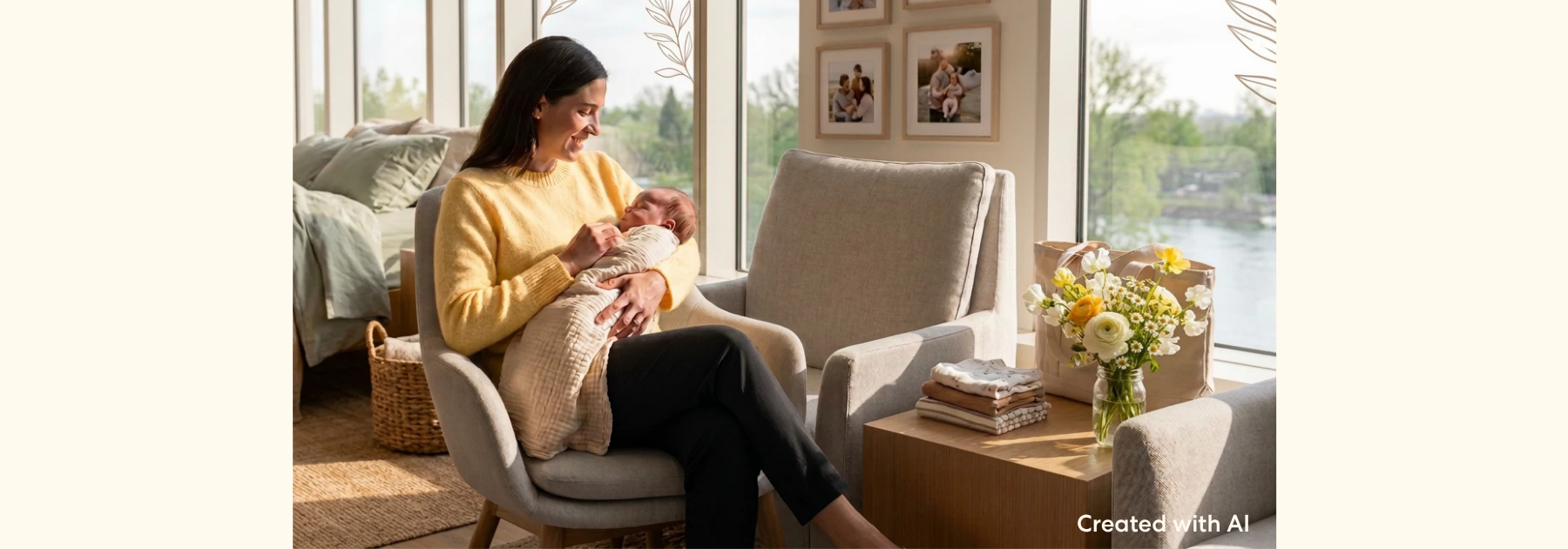 Parent seated in a chair holding a baby close after a feeding session. The baby is resting against the parent's chest in a quiet home setting, highlighting a calm caregiving and bonding moment.