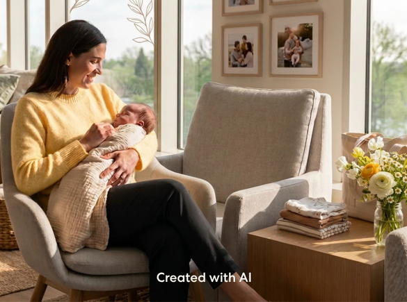 Parent seated in a chair holding a baby close after a feeding session. The baby is resting against the parent's chest in a quiet home setting, highlighting a calm caregiving and bonding moment.