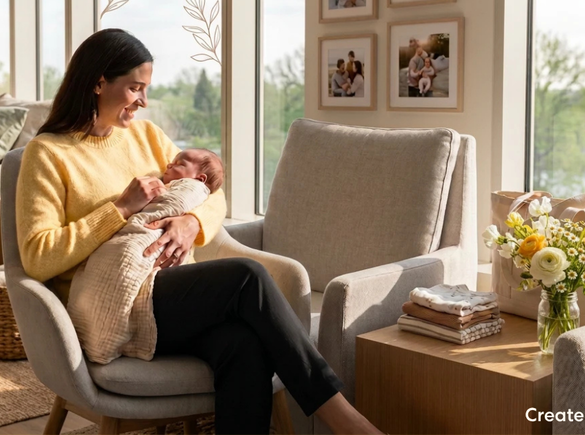 Parent seated in a chair holding a baby close after a feeding session. The baby is resting against the parent's chest in a quiet home setting, highlighting a calm caregiving and bonding moment.