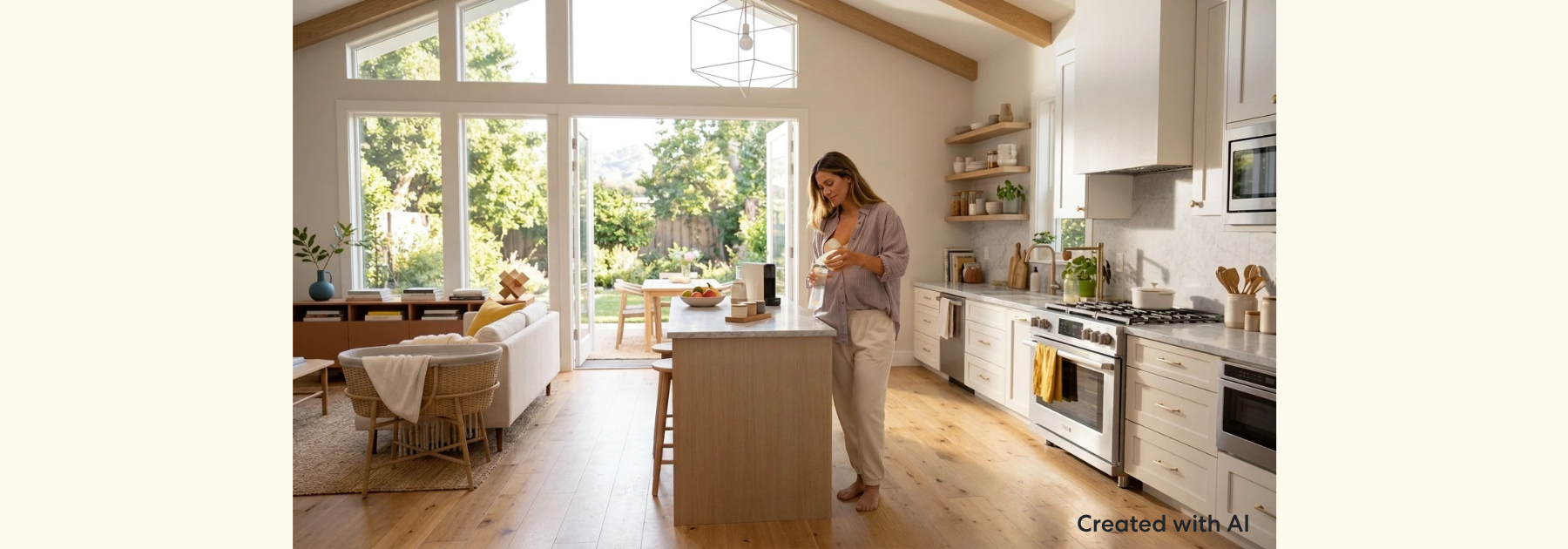 Person in a bright kitchen carefully pouring freshly expressed breast milk into a Medela breast milk storage bag after pumping. A clean countertop and soft natural lighting create a calm and organized home environment