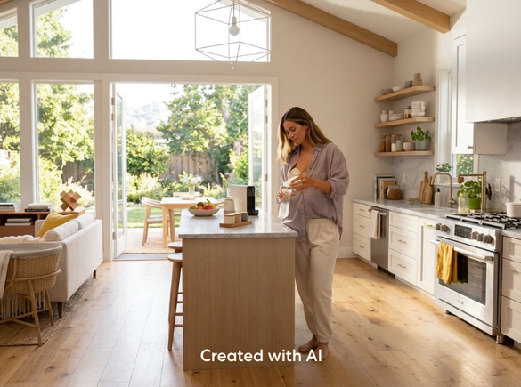 Person in a bright kitchen carefully pouring freshly expressed breast milk into a Medela breast milk storage bag after pumping. A clean countertop and soft natural lighting create a calm and organized home environment