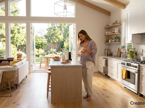 Person in a bright kitchen carefully pouring freshly expressed breast milk into a Medela breast milk storage bag after pumping. A clean countertop and soft natural lighting create a calm and organized home environment